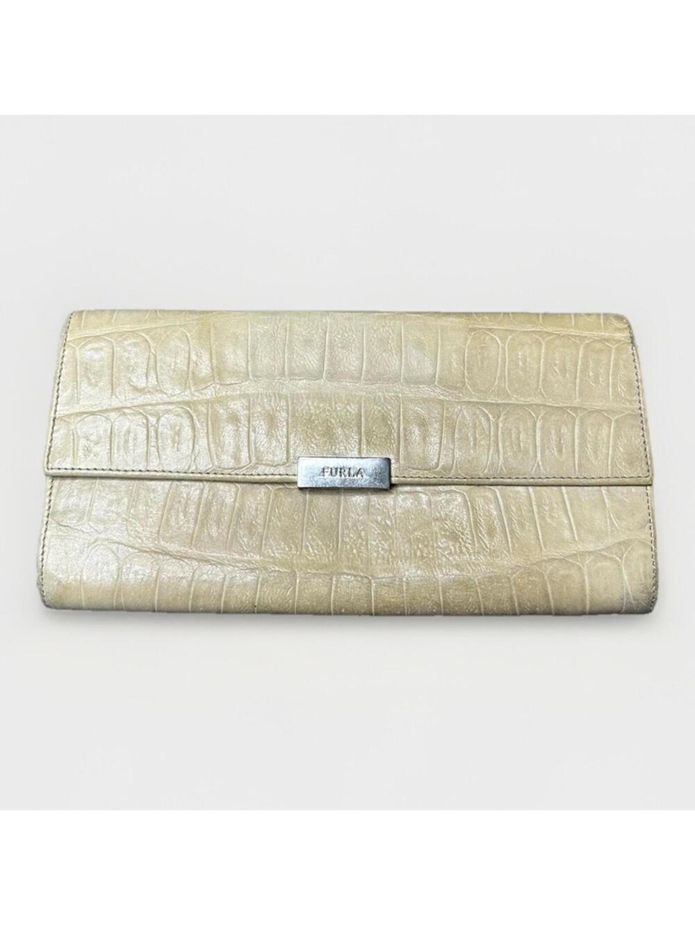 Furla Croc-Embossed Long Wallet in White Genuine Leather — Made in Italy.